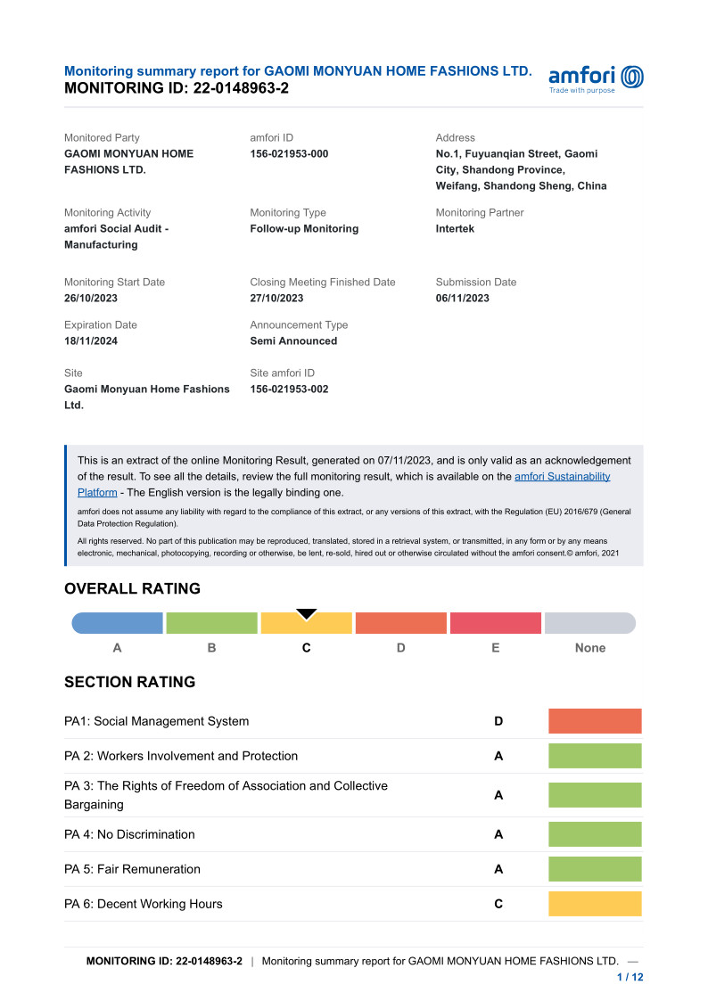 Chine Gaomi Monyuan Home Fashions Ltd. Certifications
